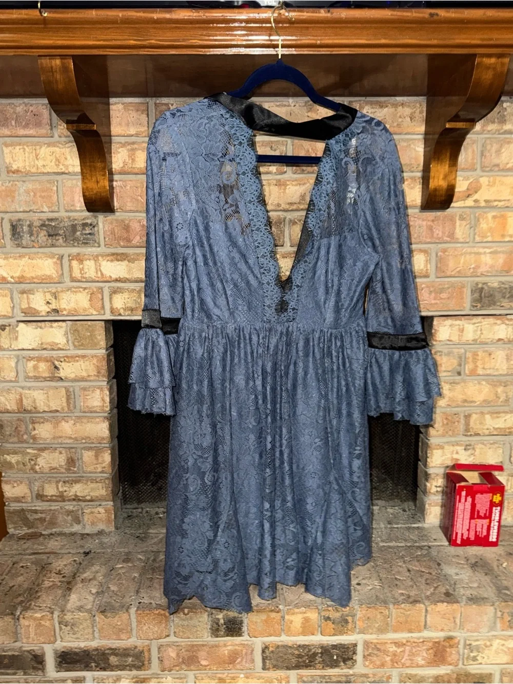 Free People Slate Blue Lace V‑Neck Long Sleeve Midi Dress